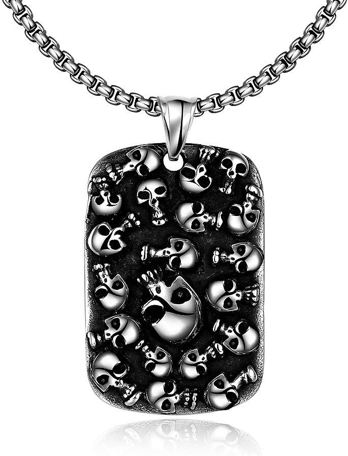 JVIVJ Men's Stainless Steel Vantage Gothic Style Punk Pendant Necklace for Guys, 60 cm Round Link Chain (Skulls Tag)