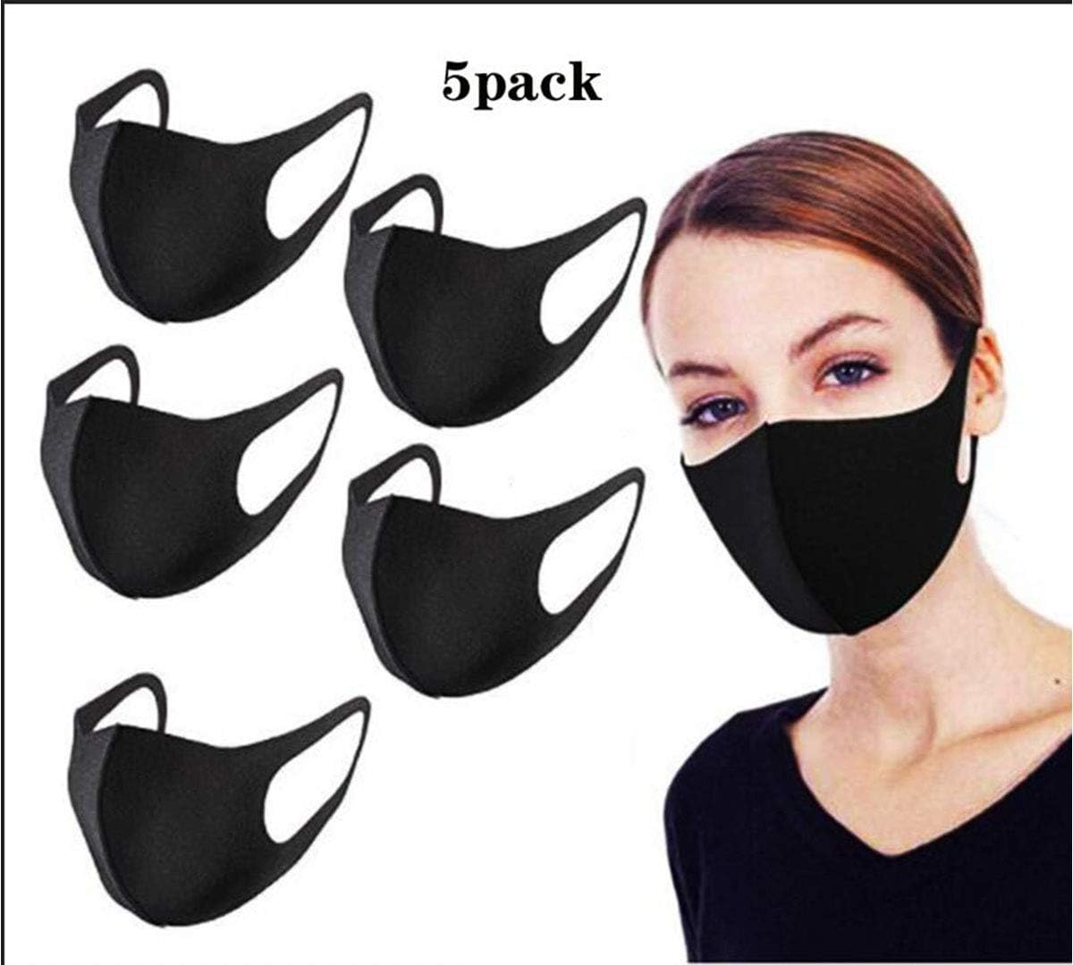 Anti Dust Mask Face,3D Black Cotton Face Mouth Mask,Fashion Reusabl Washable Outdoor Unisex Mask (5Pcs) Black
