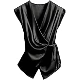 SOLY HUX Women's V Neck Satin Blouse Wrap Tie Side Sleeveless Shirt Summer Business Casual Tops