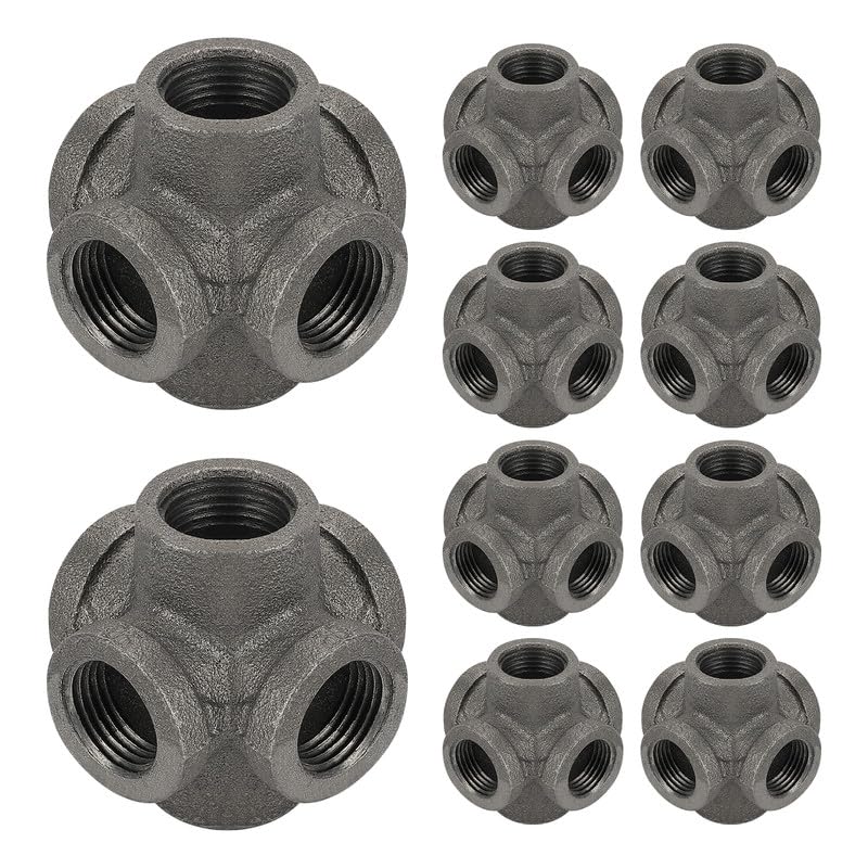 Photo 1 of 1/2" Fittings 6-Way Side Outlet Tee - Home Expert 10 Pack Malleable Cast Iron Threaded Pipe Fittings 6-Way Side Outlet Cross for Industrial Pipe Shelves Bracket Vintage Pipe Furniture