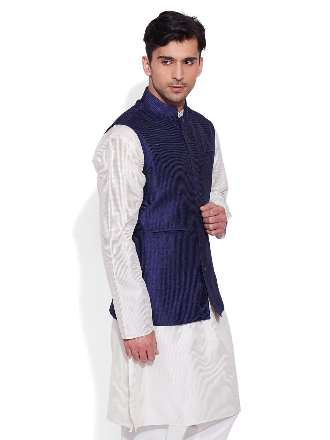 very me men's designer navy faux silk textured nehru jacket