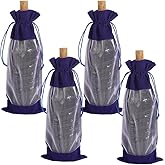 Beebeecraft 4Pcs Velvet Wine Bags with Drawstring Rectangle Dark Slate Blue Champagne Wine Bottle Gift Bags with Sheer Window for Holiday Wedding Party Birthdays Christmas Blind Tastings Home