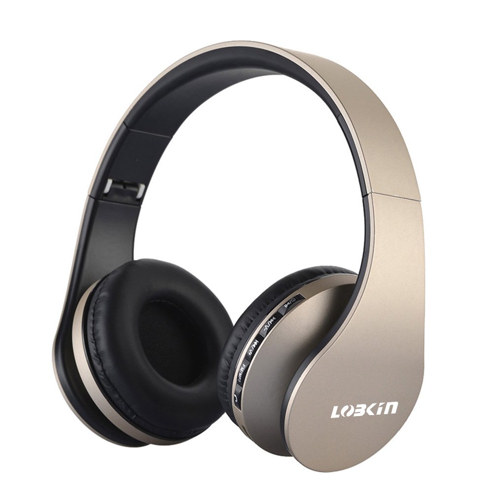 Cuffie Bluetooth LOBKIN Auricolari Stereo con Microfono Bluetooth 4.1 Pieghevole Over-Ear Senza Fili Cuffie con Microfono Ricaricabile Riduzione del Rumore Interno Supporto SD/TF Card (oro-negro)
