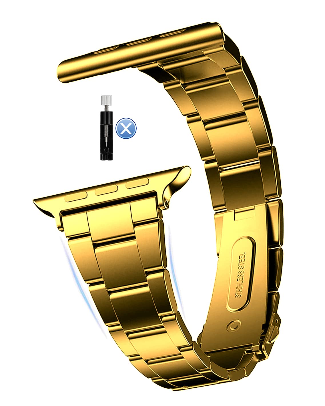 MaKTech Stainless Steel Watch Band,Self-dismantling (No Tool Needed),Three-Piece Metal Link Bracelet Strap,Compatible with Apple Watch Series 11/10/9/8/7,SE 3/2/1 [2025] (42mm/41mm/40mm,Gold)