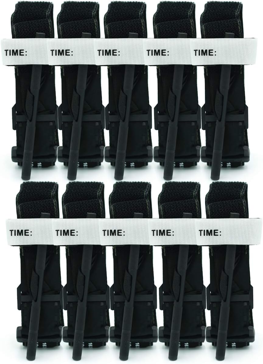 Recon Medical Tourniquet - (Black) GEN 3 Mil-Spec Kevlar Metal Windlass Aluminum First Aid Tactical Swat Medic Pre-Hospital Life Saving Hemorrhage Control Registration Card, AOS (10 Pack)