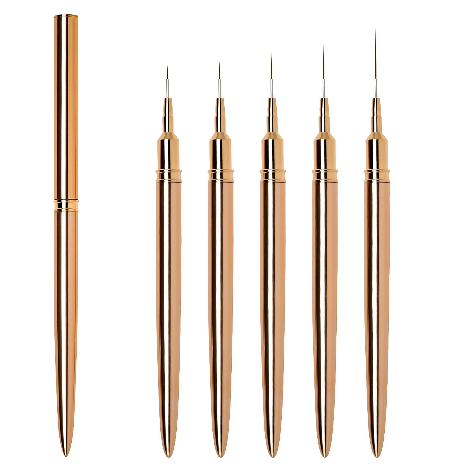 5PCS Nail Art Liner Brushes Long Set with Lid 7/9/11/15/25mm, LEA-SHALL Ultra Fine Detail Painting Cap Pens Kit Thin Acrylic Line Brush Tools for DIY Professional Design Gold Series