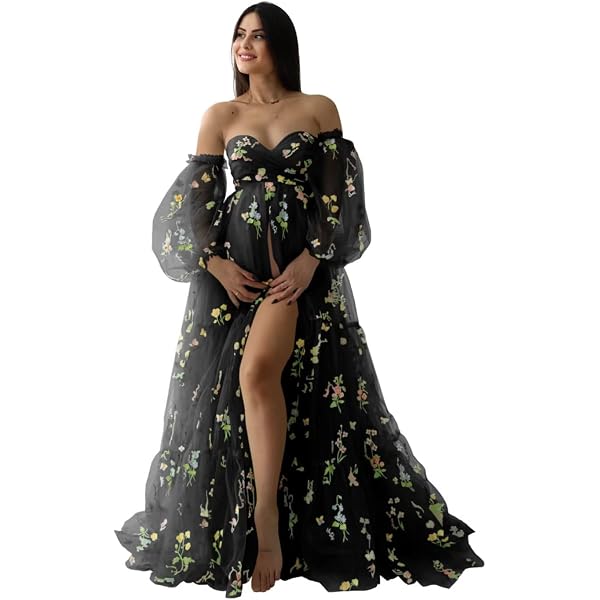 formal / gown maternity dresses symdem Black Maternity Photoshoot Dresses Long Puffy Sleeve Flower  Embroidery Tulle Baby Shower Dress Split Off Shoulder Robe Maternity Dress  for Photos 2024 P04-S-M at Amazon Women's Clothing store