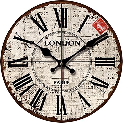 Grazing 12" Vintage Roman Numeral Newspaper Background Design English Shabby Chic Style Wooden Decorative Round Wall Clock (London)