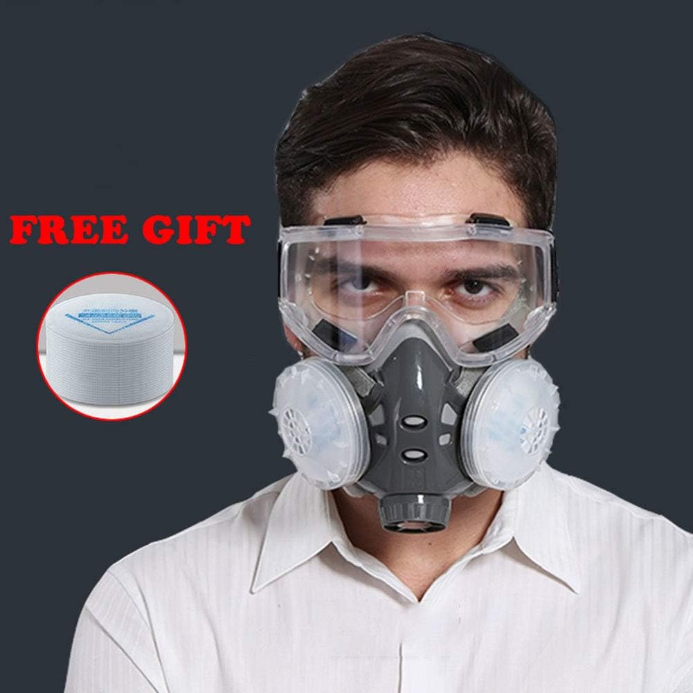 YLEI Gas Mask Safety Mask Dust Spray Dual Cartridge Respirator Paint Filter Mask Goggles Set, Anti-Toxin Goggle Eyes Nose Protection Face Protection for Home