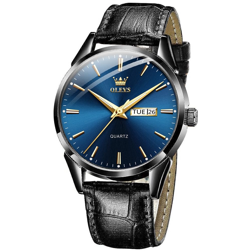 OLEVS Men Watch Black Leather Strap Large Blue Face Analog Quartz Classic Dress Date Luminous Waterproof Gents Wrist Watch