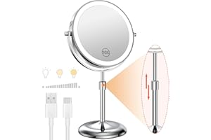 Benbilry Lighted Makeup Mirror with 10X Magnification & 3 Color Lights, Adjustable Brightness & Height, 7 Inch 360° Swivel Rechargeable LED Vanity Mirror, for Women Girls (Silver)