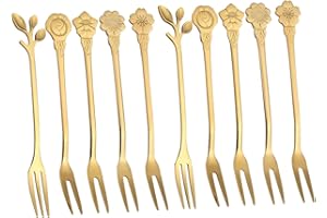 KHBUAB 10pcs Titanium Coated Decorative Fruit Forks Set Two-Prong Stainless Steel Dessert Forks