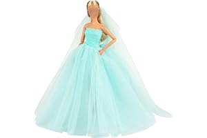 BARWA Light Blue Wedding Dress with Veil Evening Party Princess Light Blue Gown Dress for 11.5 inch Girl Doll