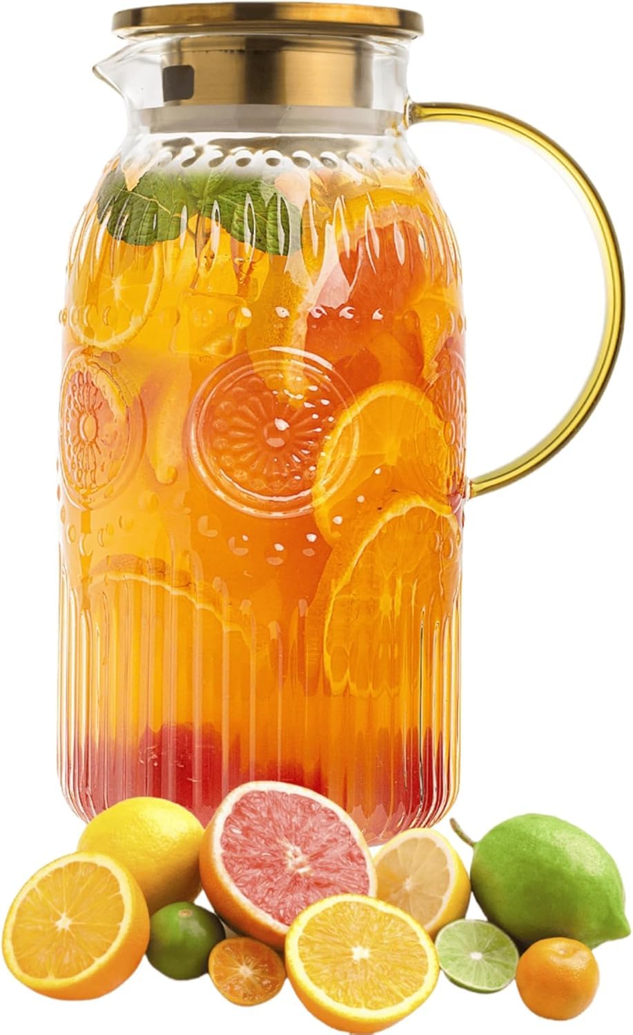 Photo 1 of Amzcku Glass Pitcher with Lid, 68 oz/ 2 Liter Vintage Water Pitcher,Glass Water Carafe for Cold Brew, Coffee, Lemonade, Iced Tea,Beverage, Heat Resistant Water Glass Jug 1Pack