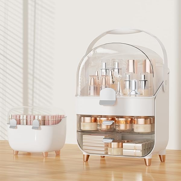 CLBDRESS MAKEUP ORGANIZER FOR VANITY WITH PERFUME STORAGE BOX, COUNTERTOP SKINCARE ORGANIZER WITH 2 DRAWERS, COSMETIC DISPLAY CASE FOR PERFUMES, EYESHADOW PALETTES, NAIL POLISHES, PINK
