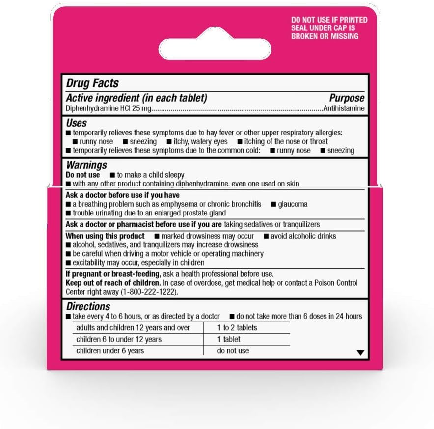  Basic Care Allergy Relief, Diphenhydramine HCl Tablets 25 mg, Antihistamine, 100 Count: Health & Personal Care