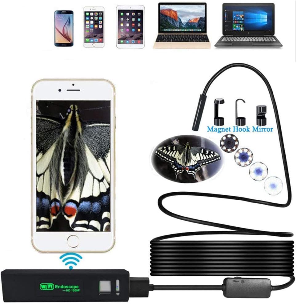 16.4ft/5M Semi-rigid Cable HD 1200P Wireless Endoscope, Jiusion WiFi Mini Borescope Inspection Portable USB with 8 LEDs Compatible with iOS Android Mac Window 7 8 10 Android Linux