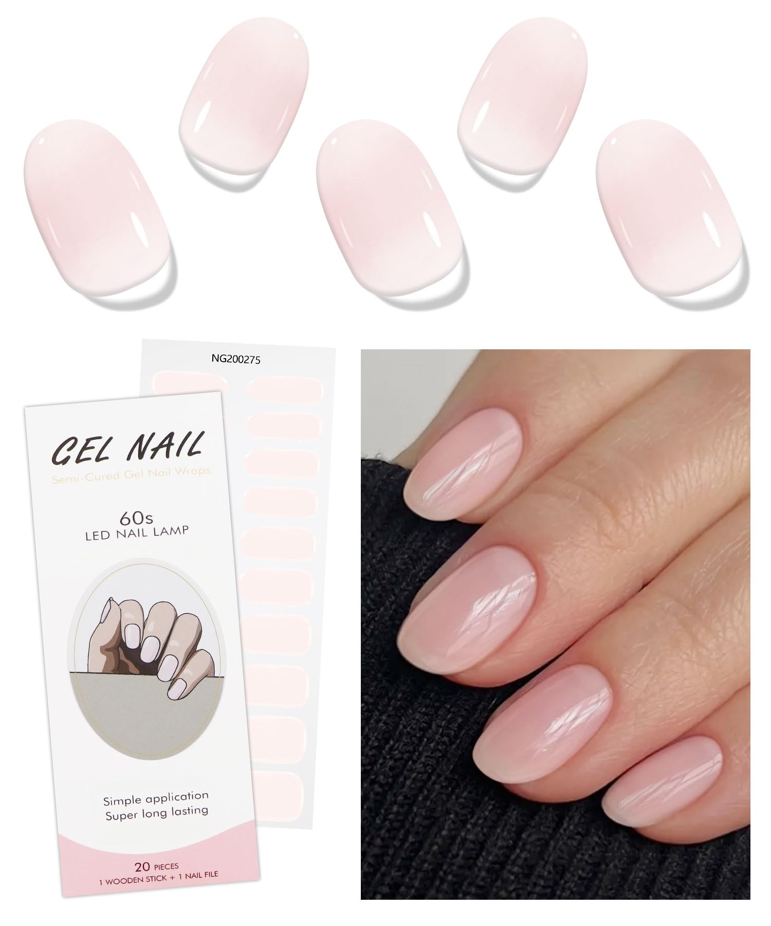 JMEOWIO Gel Nail Stickers Cream Light Pink Semi Cured Gel Nail Strips Wraps UV/LED Nails Art Design Decoration Accessories