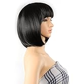 AGPTEK 13 Inches Straight Heat Resistant Short Bob Hair Wigs with Flat Bangs for Women Cosplay Daily Party - Black