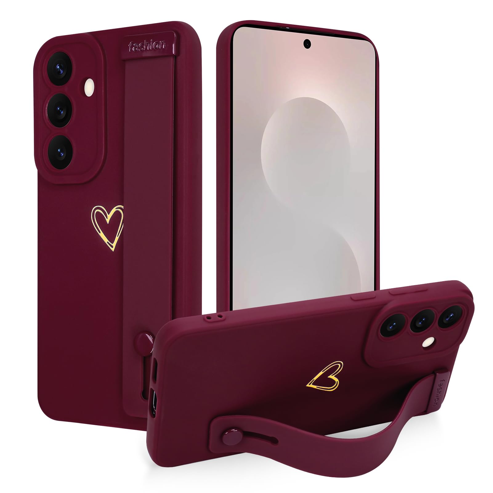Ufbara Compatible with Samsung Galaxy S25 FE Case for Women Men, Cute Love Heart Pattern, Built in Adjustable Metal Wrist Strap Grip Hand Holder Kickstand Soft Silicone Cover, Wine Red