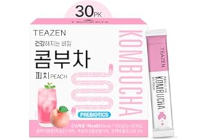 TEAZEN Peach Kombucha Tea, Hydration Drink Mix, Sugar Free, Live Probiotics & Prebiotics, 30 Sticks, 5.29oz