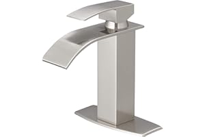 BESy Waterfall Spout Bathroom Faucet,Single Handle Bathroom Vanity Sink Faucet, Rv Lavatory Vessel Faucet Basin Mixer Tap with Deck Plate, Stainless Steel Brushed Nickel, 1 or 3 Hole