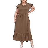 Moon Wood Women's Plus Size Maxi Dress Crew Neck Ruffle Short Sleeve Summer Casual Dresses with Pockets Long Dress