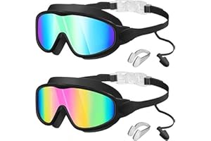 2 Pack Swimming Goggles Anti-Fog UV Swim Goggles, Leak Proof Goggles with Ear Plugs &Nose Clip, Pool Goggles for Audlt Youth