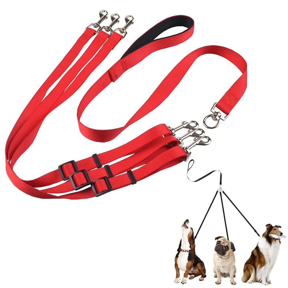 3 in 1 Dog Leashes,Durable Nylon Dog Leash with Padded Handle,Adjustable and Detachable Traction Rope,Pet Triple Lead Coupler,for One/Two/Three Dog Cats Pet Walking,training and running gear(red) — image 1