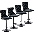 i-POOK Swivel Bar Stools Set of 4, Adjustable Counter Height Barstools with Nailheads Trim, Button Tufted Back and Black Footrest, Velvet Bar Chairs for Dining Room Home Bar Kitchen Island, Black