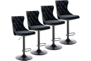 i-POOK Swivel Bar Stools Set of 4, Adjustable Counter Height Barstools with Nailheads Trim, Button Tufted Back and Black Footrest, Velvet Bar Chairs for Dining Room Home Bar Kitchen Island, Black