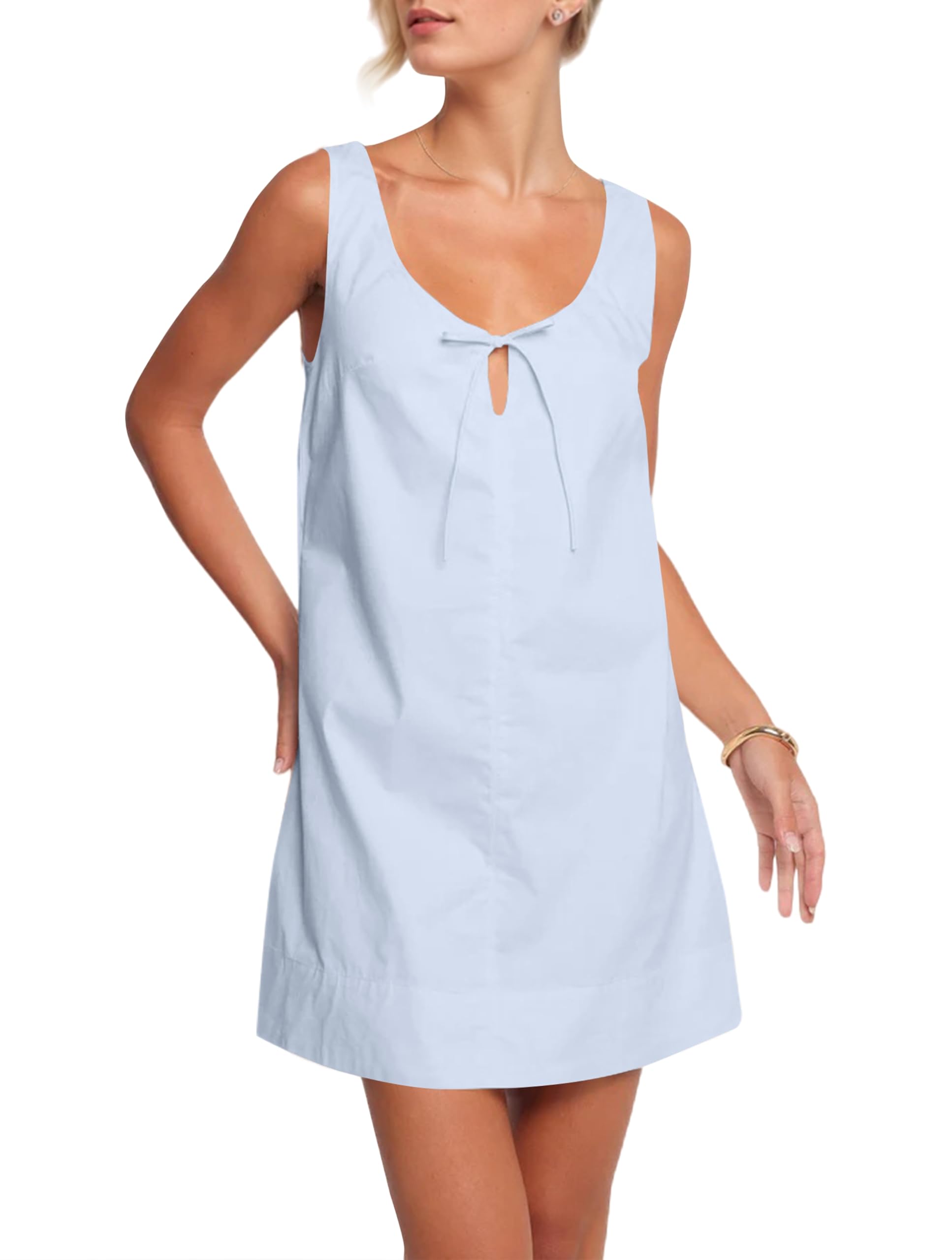 Photo 1 of OLAPTA Women Sleeveless Summer Mini Tank Dress Tie Up Loose Fit Sundress Scoop Neck Casual Trendy Short Dresses with Pockets?Small,Blue