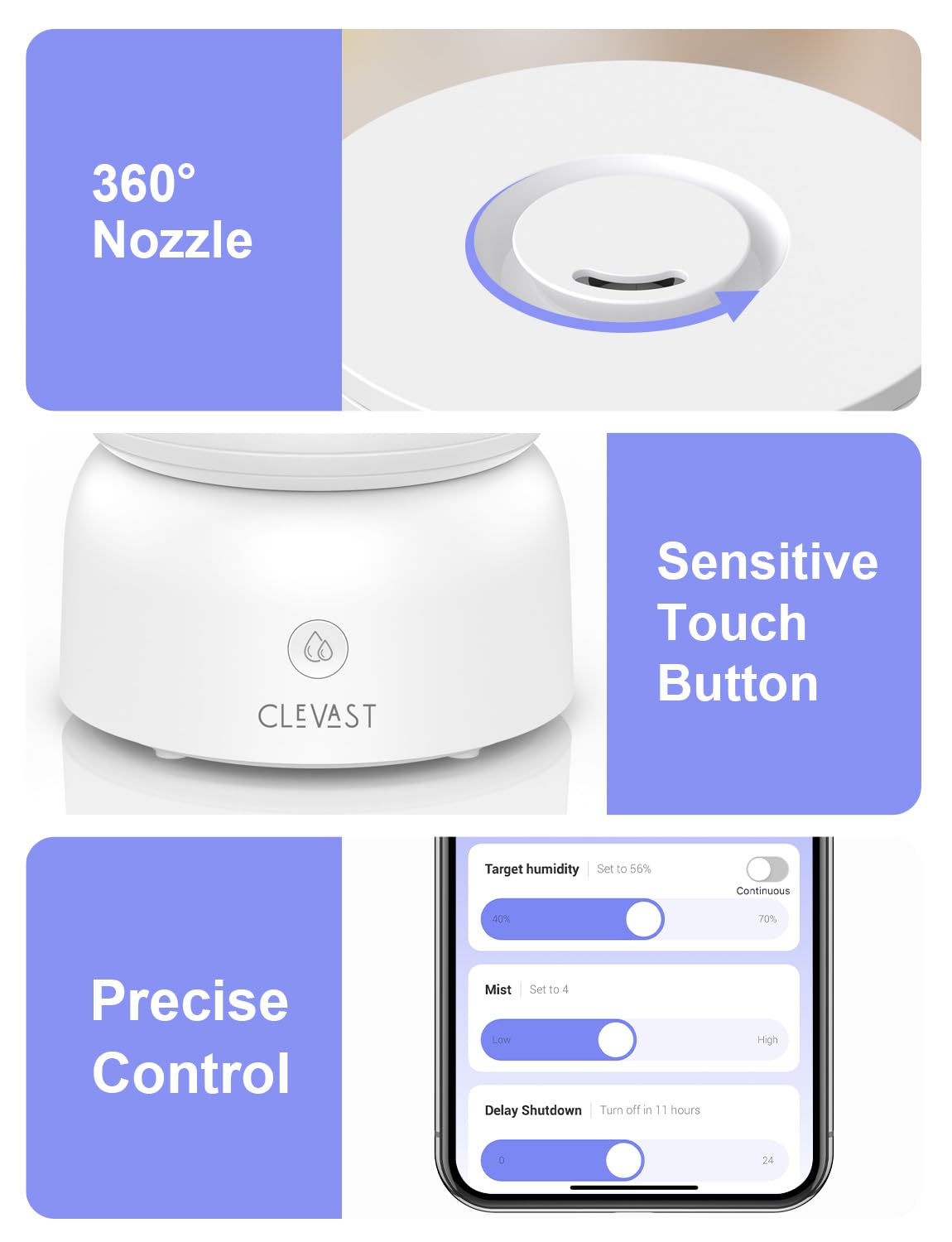 CLEVAST Smart Humidifiers for Bedroom, Top Fill 3L Cool Mist Quiet Ultrasonic Humidifier with Essential Oil Diffuser, Humidity Control, Wi-Fi Air Humidifier for Baby, Home, Compatible with Alexa