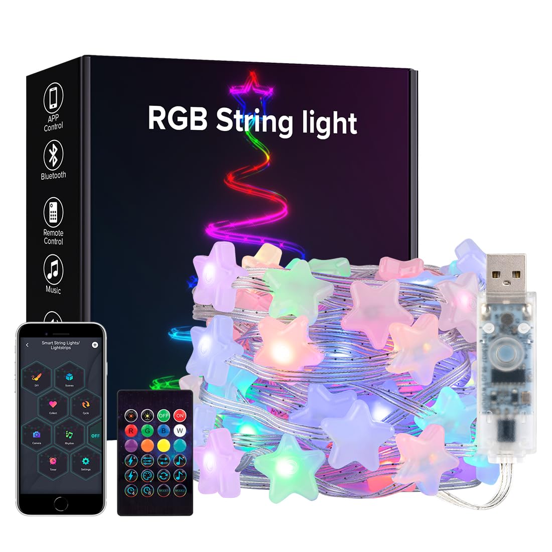 BTF-LIGHTING RGB IC Intelligent String Lights 5M 33LEDs Transparent Cable Milky Star USB LED Light IP65 Waterproof with IR Remote Control Music Mode Timer Tracking Effect for Home Decoration — image 1