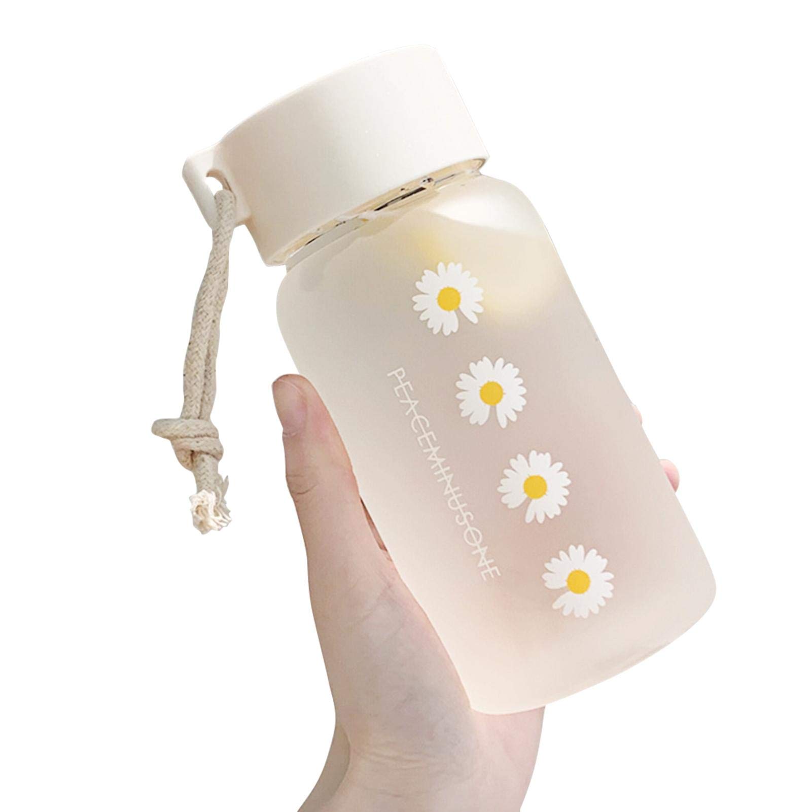 DASNTERED Small Daisy Water Bottles, 500ml Plastic Transparent Frosted Water Bottle, BP-A Free, Portable Reusable Leak-Proof Water Bottle With Rope for School Travel(Matte 4 Flower)