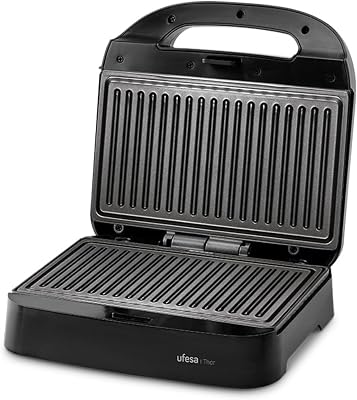Máquina de sanduíches Thor compacta de 750W, placas de grelha antiaderentes, capacidade de 2 paninis, controlo automático de temperatura, armazenamento vertical, sem PFOA, cozinha saudável, sistema de armazenamento de cabos