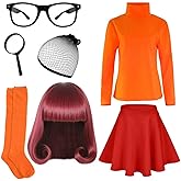 Halloween Deluxe Costume for Women, Brown Wig Long Sleeve Turtleneck Crop Top Skater Skirt Magnifying Glass Socks Glasses
