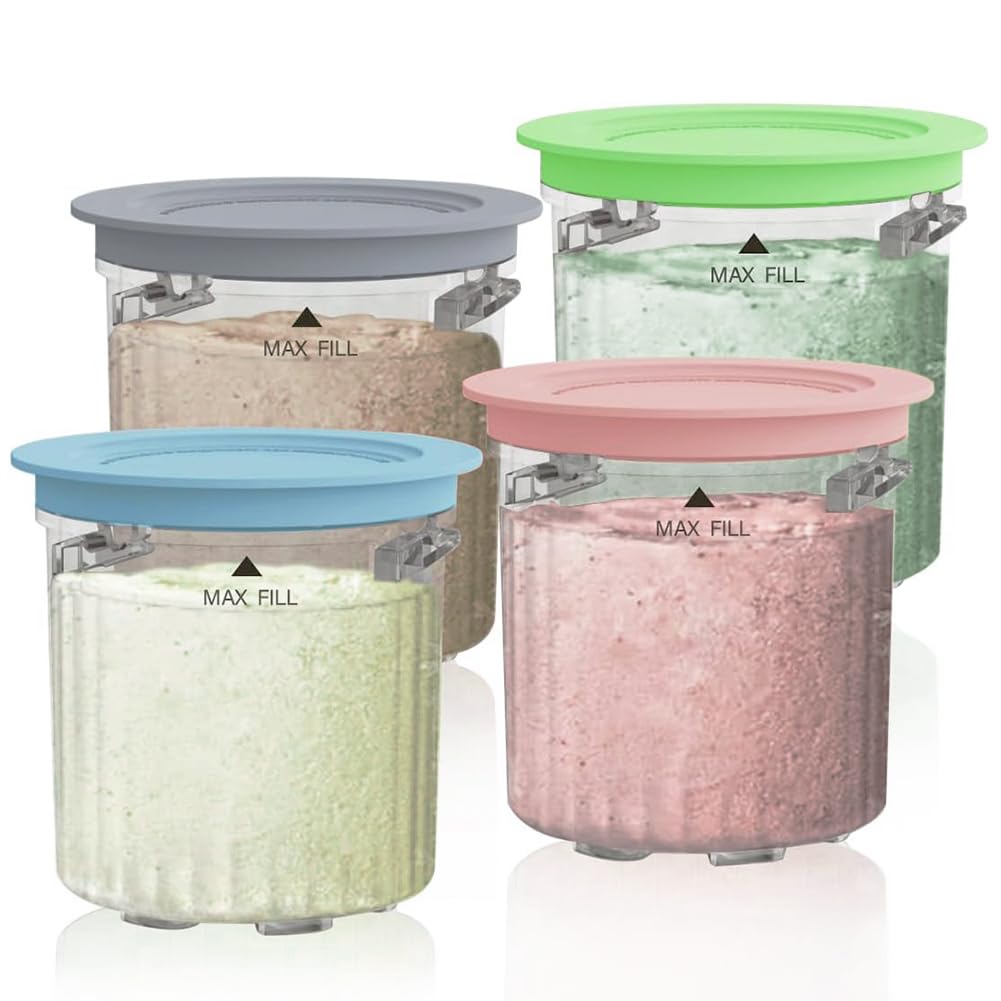 Replacement Tubs and Lids for Ninja CREAMi Breeze Ice Cream Maker, 16oz Pints Containers for NC201UK NC201 NC200 NC100 Series Ninja Creamy Breeze Accessories (4 Pack, Blue/Pink/Lime/Gray)