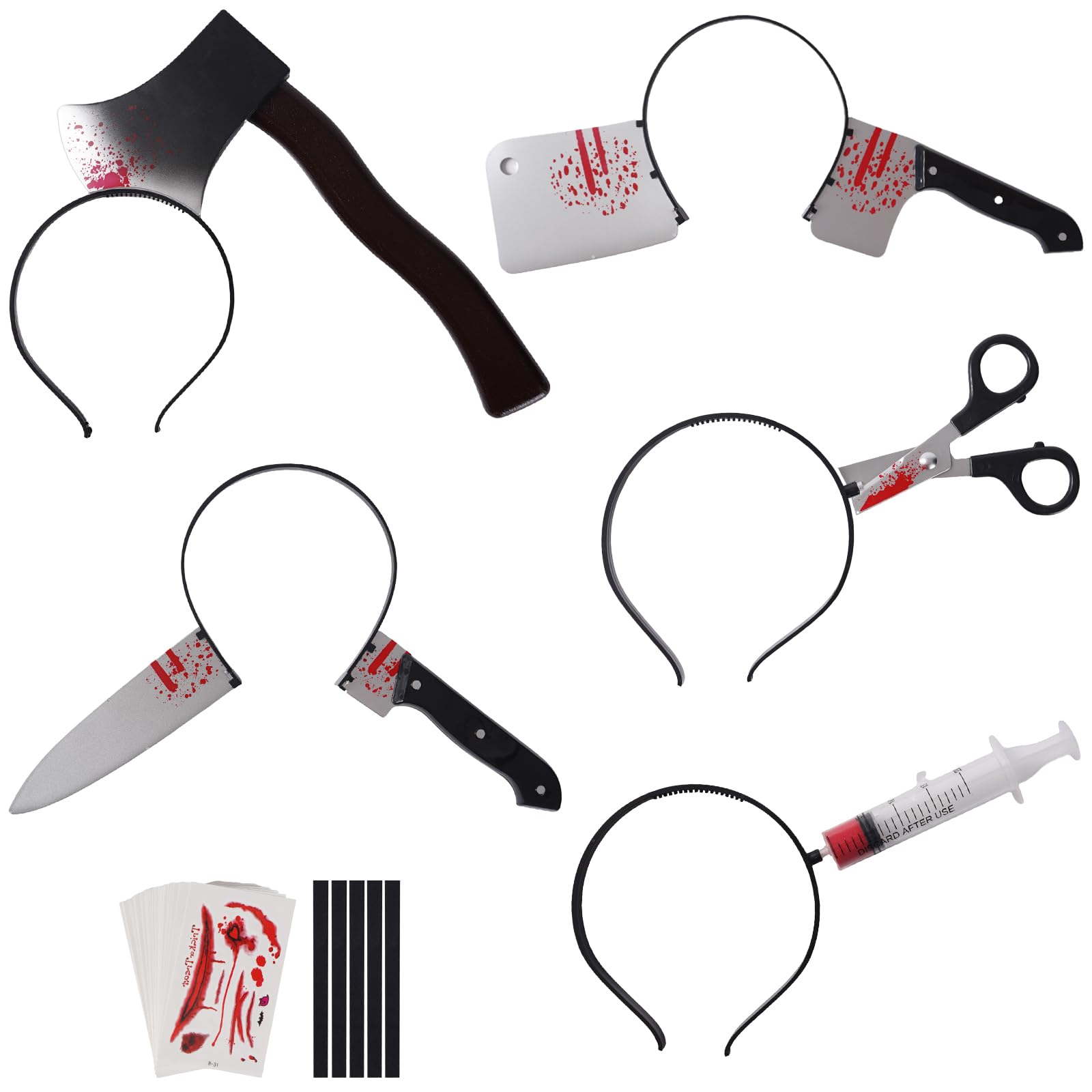 HSSPYY 6PCS Halloween Headband Set with Bloody Tattoos – Knife, Cleaver, Axe, Syringe, Scissors – Horror Costume Accessories for Adults, Pranks, Parties & Cosplay