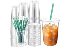 50 Pcs 16 Oz Plastic Cups with Lids and Straws Ice Coffee Cup Plastic Coffee Cups for Cold Drinks Juice Milkshakes Smoothies(