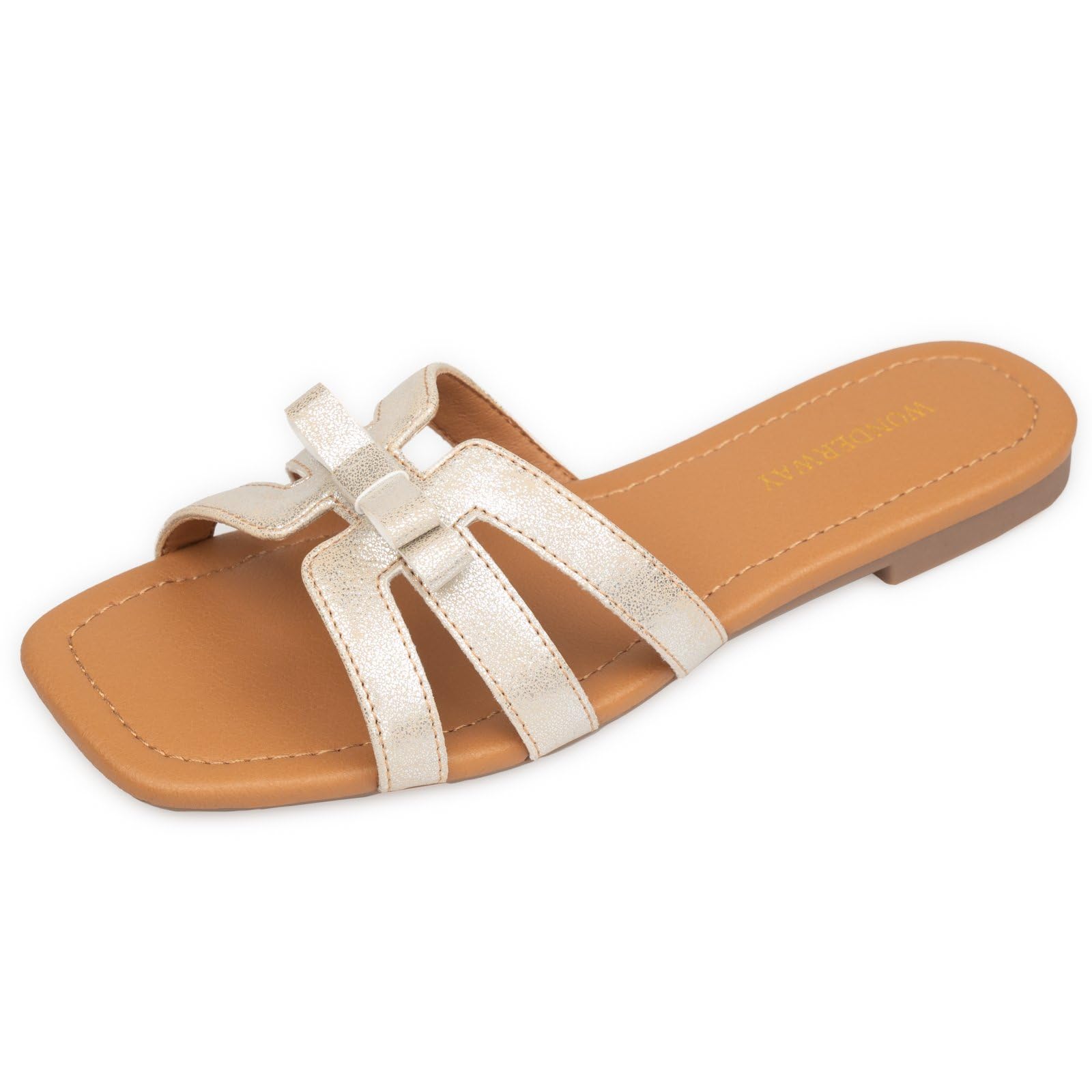 WONDERWAY Women Bow Flat Sandals Dressy Sandals for Women Cute Comfortable Square Open Toe Slides Sandals(Champagne,11)