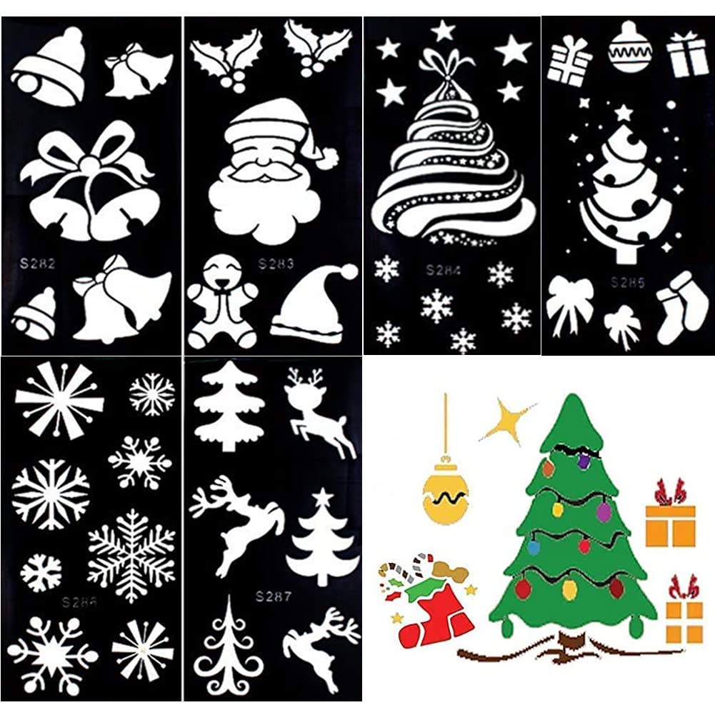 6 Sheets Christmas Tattoo Stencils, Glitter Temporary Tattoo Templates Waterproof for Kids Xmas Party Decoration Chlidren Drawing Body Art Painting
