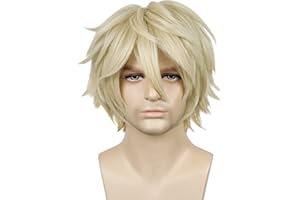 LABEAUTÉ Short Blonde Wig Male Men, Anime Fluffy Golden Cosplay Anime Wigs With Bangs Unisex Heat Resistant Hair for Party Halloween + Free Cap