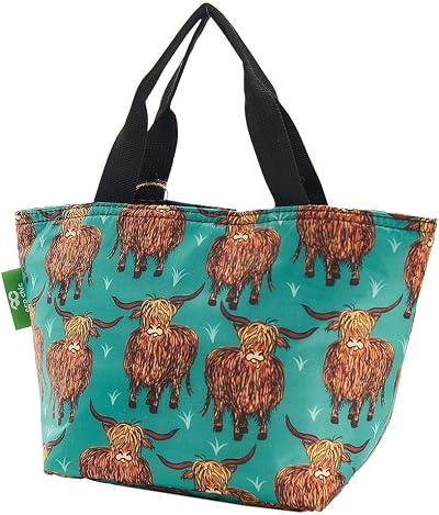 ECO CHIC Lightweight Foldable Insulated Lunch Bag Highland Cow Teal