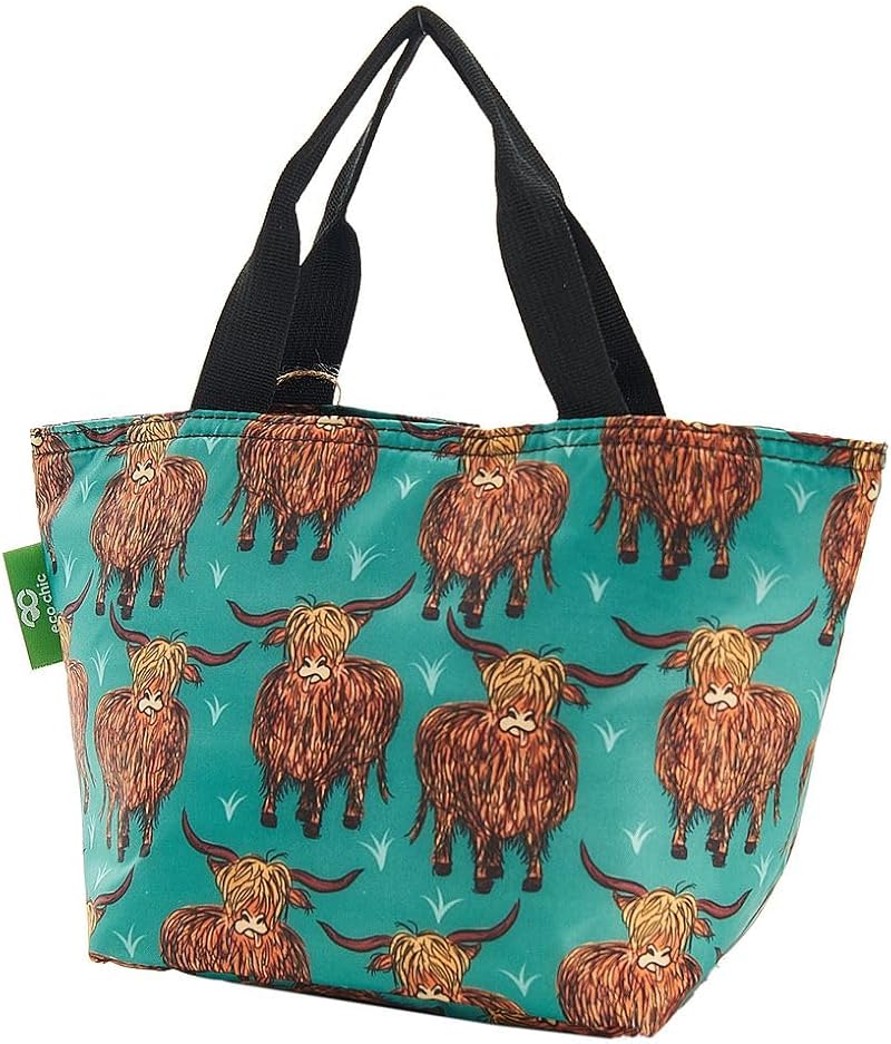 ECO CHIC Lightweight Foldable Insulated Lunch Bag Highland Cow Teal