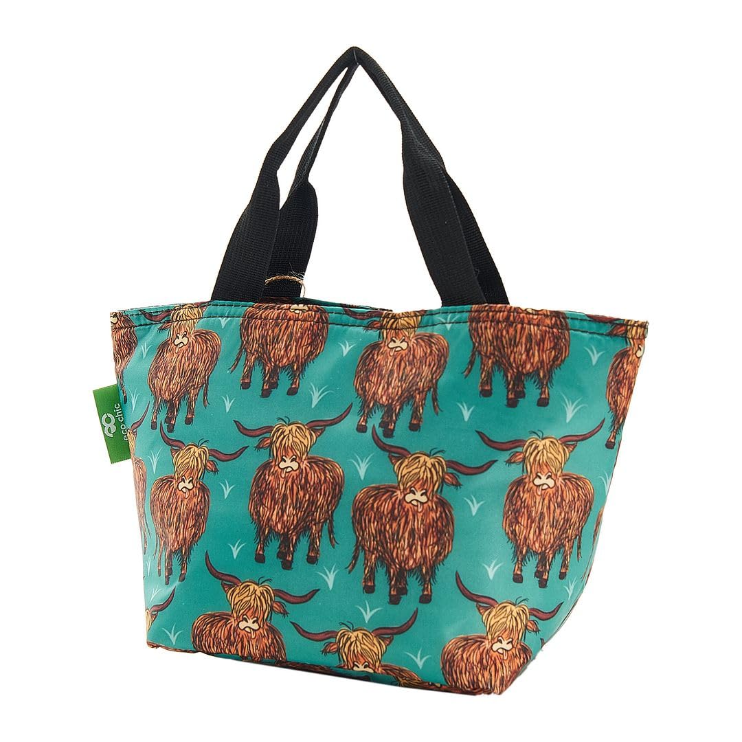 ECO CHIC Lightweight Foldable Insulated Lunch Bag Water Resistant Cooler Bag (Highland Cow Teal)