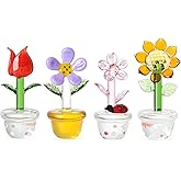 LONGWIN 4pcs Cute Mini Crystal Flower Figurines Collectible Hand Blown Glass Spring Bouquet Lucky Home Decor Ornaments Gift Idea for Mothers Day, Birthday, Christmas Day