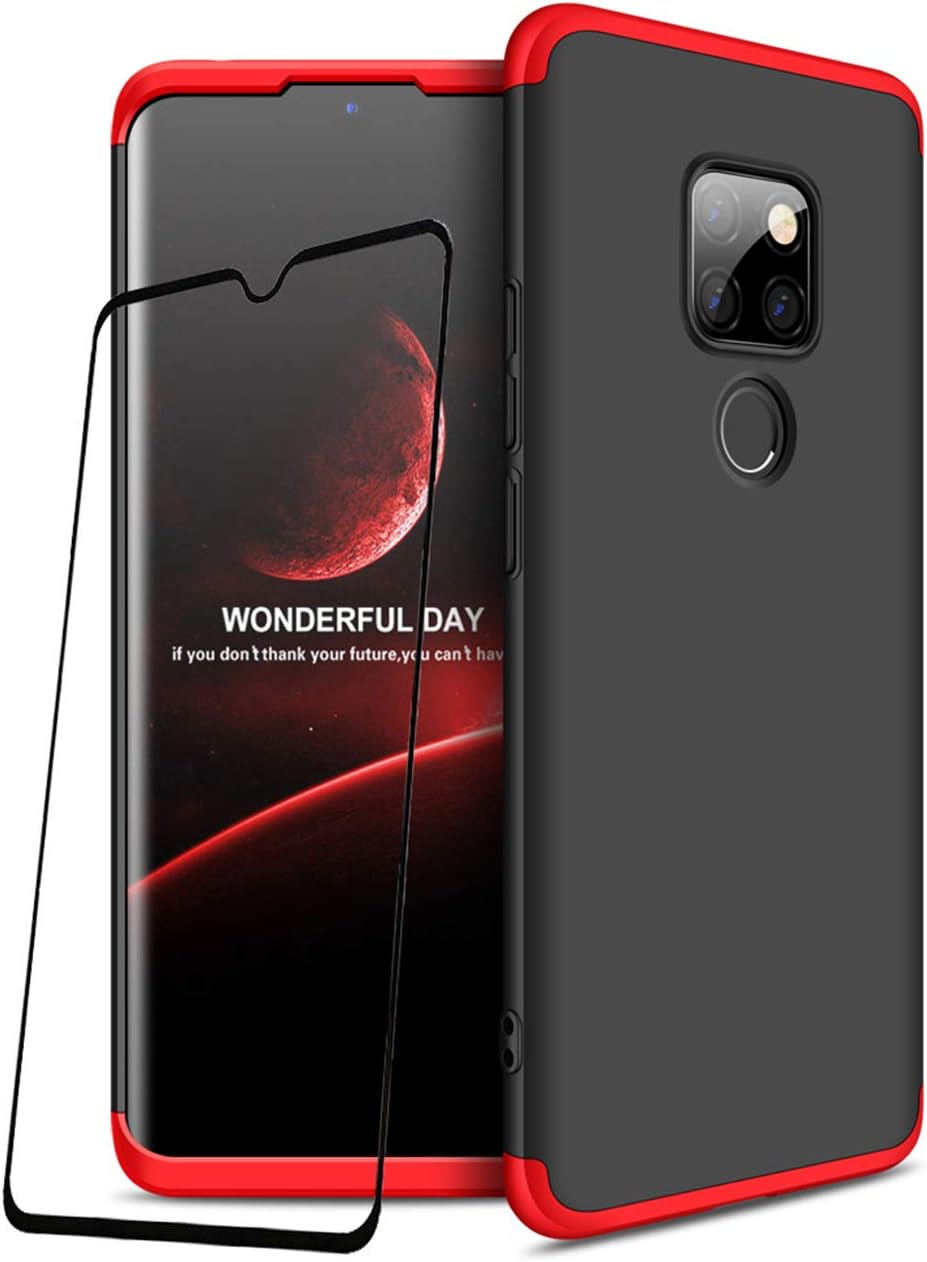 JOYTAG Compatible For Huawei Mate 20 case +Tempered glass film 360 degrees Red Black ultra thin Matte All-inclusive Protection 3 in 1 PC Phone case cover-Red Black