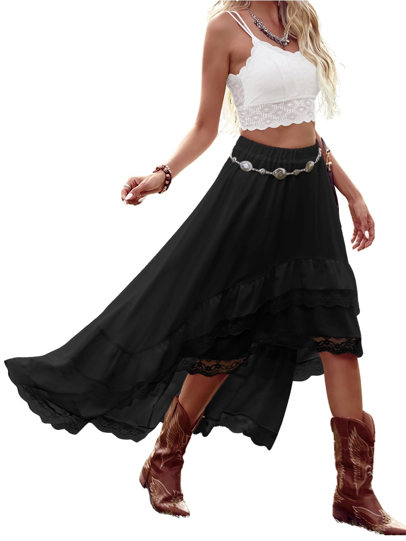 Photo 1 of Verdusa Women's Western Boho Lace Ruffle Skirt Asymmetrical Country Cowgirl Skirts Black Small