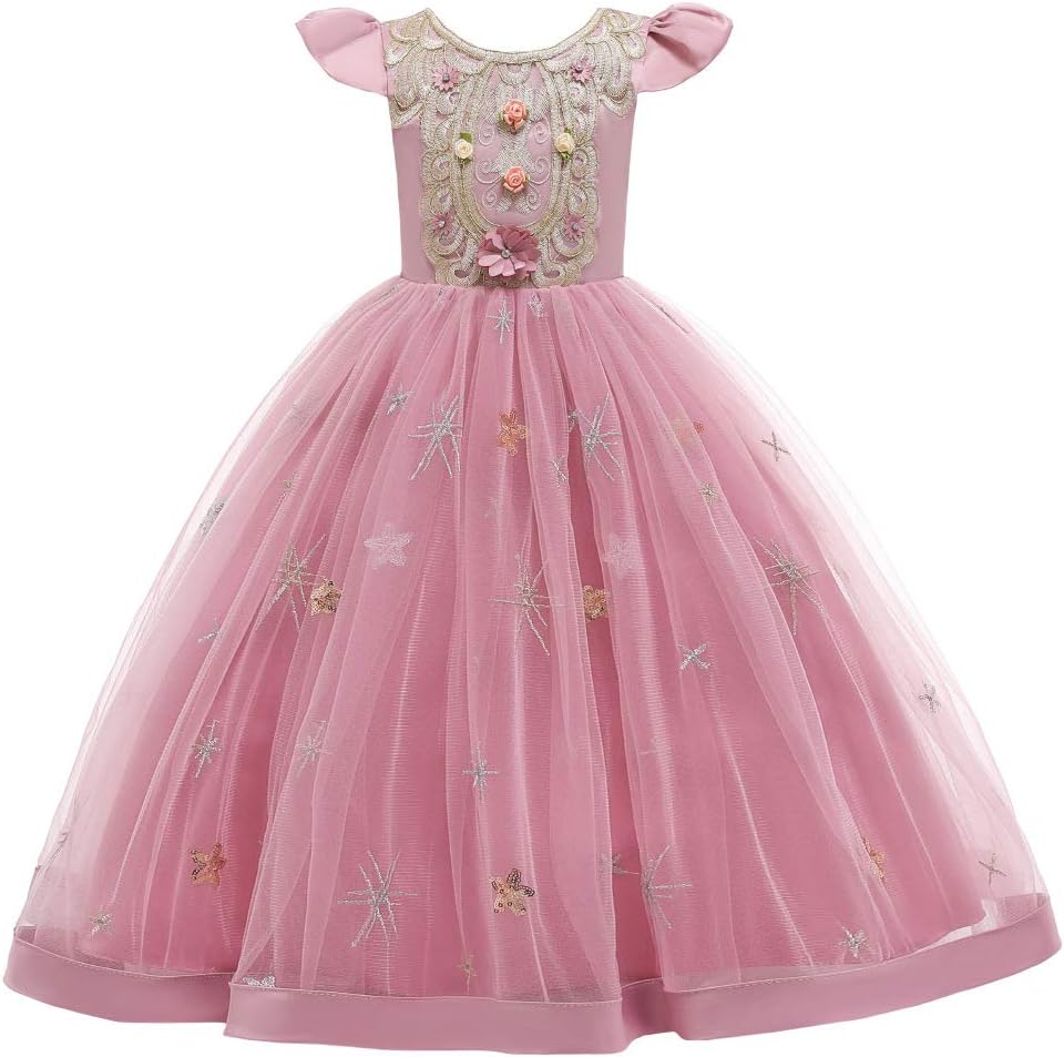 Kids Girl Host Show Princess Long Lace Dress Flower Piano Performance Imperial Noble Court Style With Embroidery Stars